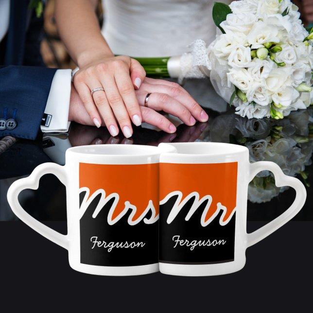 Modern Mr Mrs Color Block Orange White Black Coffee Mug Set
