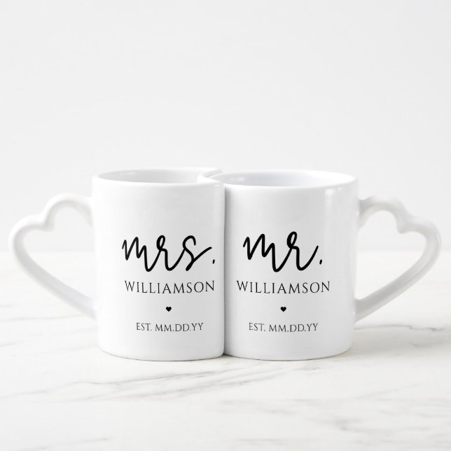 Modern Mr. & Mrs. Custom Wedding Bride Groom Coffee Mug Set (Back Nesting)
