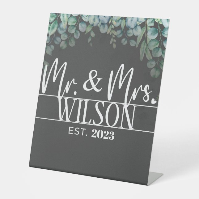 Modern Mr & Mrs Established Eucalyptus Wedding Pedestal Sign (Front)