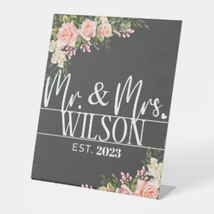 Modern Mr & Mrs Established Pink Rose Wedding Pedestal Sign