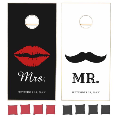 Modern Mr Mrs Moustache Red Lips Wedding Day Cornhole Set