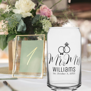 Modern Mr Mrs Name Date & Rings Design, Wedding Can Glass