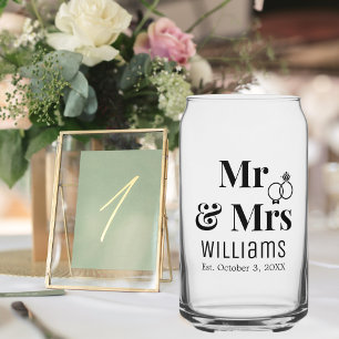 Modern Mr Mrs Name Date & Rings Design, Wedding Can Glass