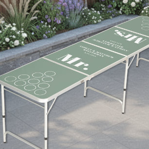 Modern Mr & Mrs Sage Green Wedding Beer Pong Table