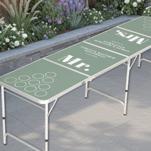 Modern Mr & Mrs Sage Green Wedding Beer Pong Table
