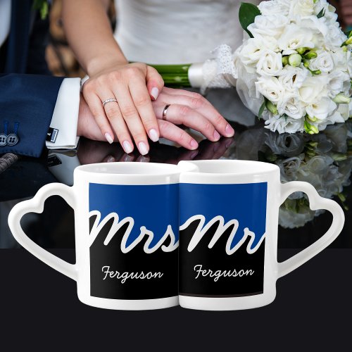 Modern Mr Mrs Script Color Block Blue White Black  Coffee Mug Set