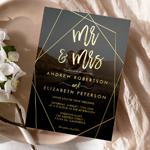 Modern Mr Mrs script terrarium photo wedding gold Foil Invitation