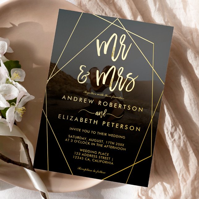 Modern Mr Mrs script terrarium photo wedding gold Foil Invitation (Creator Uploaded)