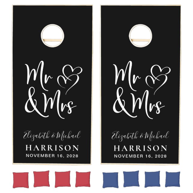 Modern Mr Mrs Wedding Black Cornhole Set (Set)