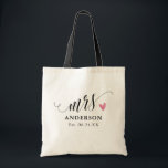 Modern Mrs Black Script Custom Wedding Newlywed Tote Bag<br><div class="desc">Cute women's wedding tote bag features modern and casual chic black calligraphy script "Mrs."  pink heart and custom text . This simple design will be Perfect accessory for the honeymoon.</div>