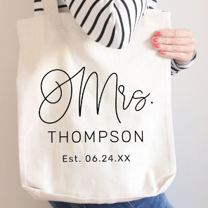 Modern Mrs Calligraphy Monogram Wedding Date Tote Bag