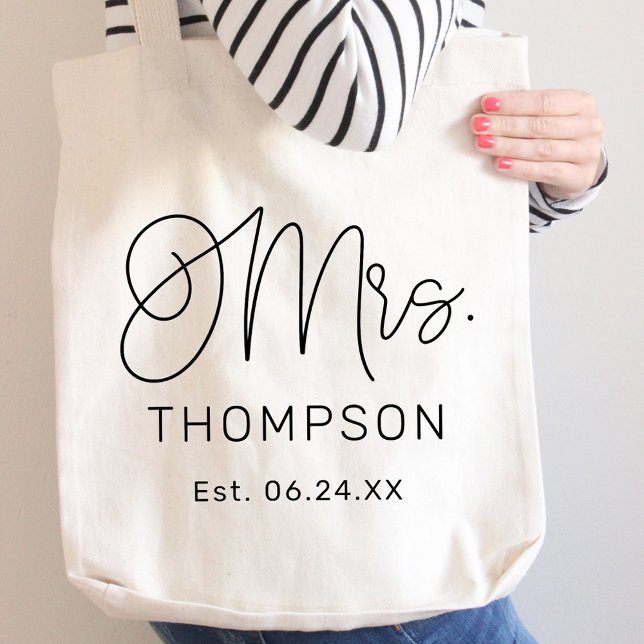 Modern Mrs Calligraphy Monogram Wedding Date Tote Bag (Creator Uploaded)