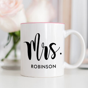 Modern Mrs Calligraphy Pink Monogram Two-Tone Coffee Mug