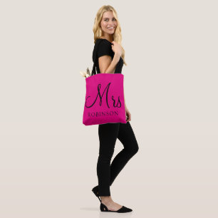 Modern Mrs Hot Pink Black Script Wedding Monogram Tote Bag