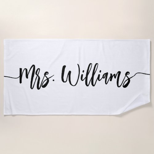 Modern Mrs Newlywed Script Name Black  White Beach Towel