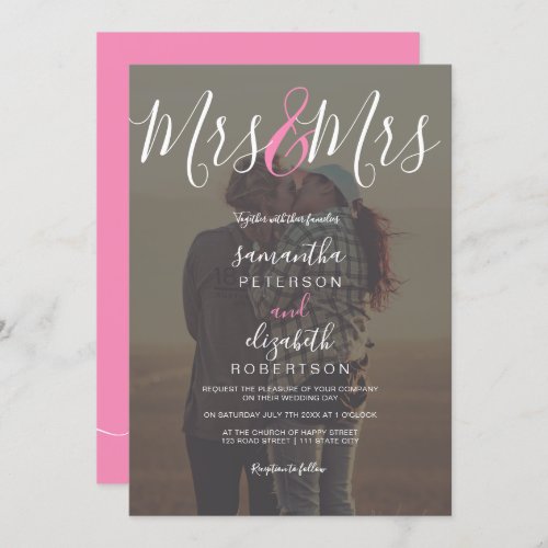 Modern mrs script pink photo lesbian wedding invitation