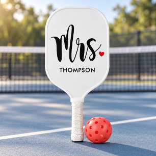 Modern Mrs Script Wedding Heart Pickleball Paddle