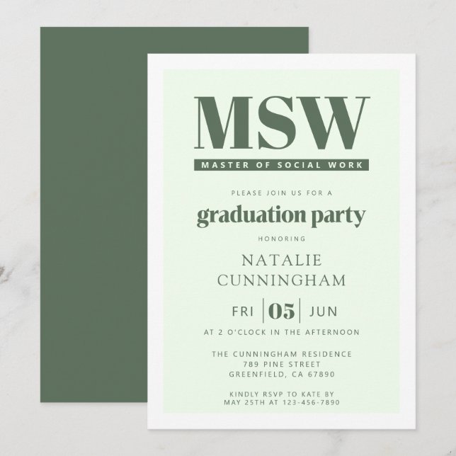 Modern MSW Master of Social Work Graduation Invitation (Front/Back)
