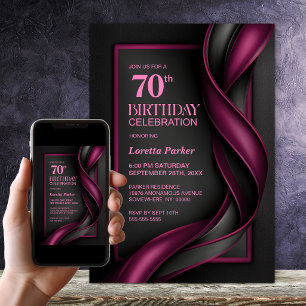 Modern Mulberry Red and Black 70th Birthday Party Invitation