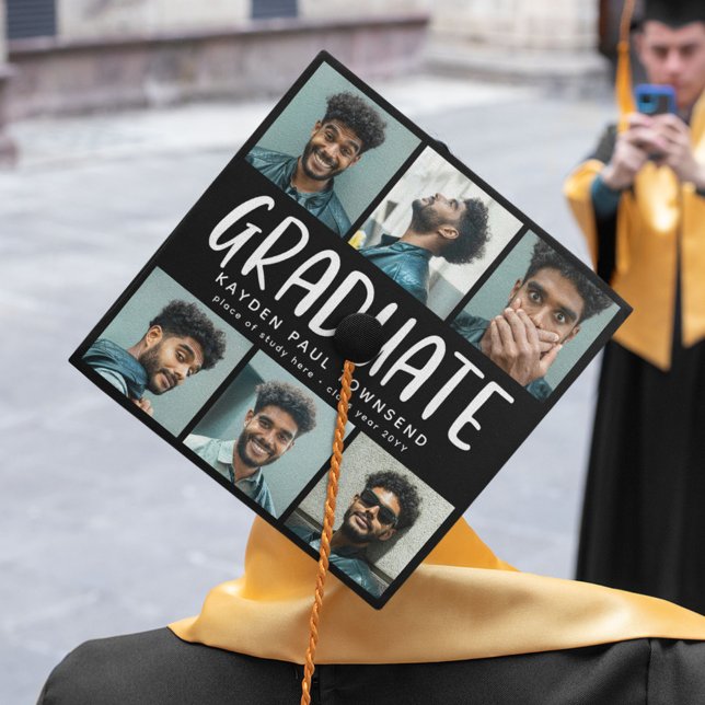 Modern Multi 6 Photo Collage GRADUATE black Graduation Cap Topper (Creator Uploaded)