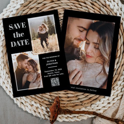 Modern Multi Photo Black and Gray  QR Code Save The Date