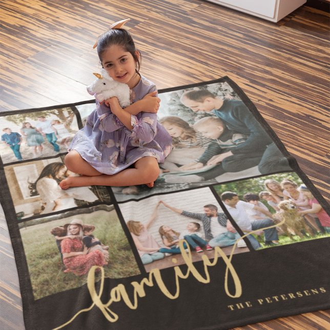 Modern multi photo collage family script keepsake fleece blanket (For a good quality of print, it is important to upload high resolution photos!)