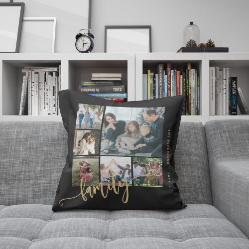 Modern multi photo collage family script keepsake throw pillow