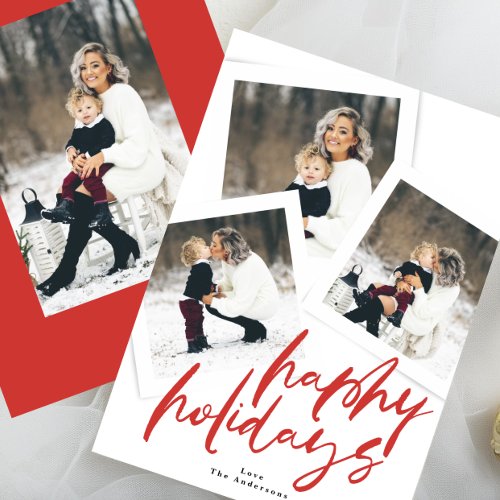 modern multi photo collage red brush happy holiday card