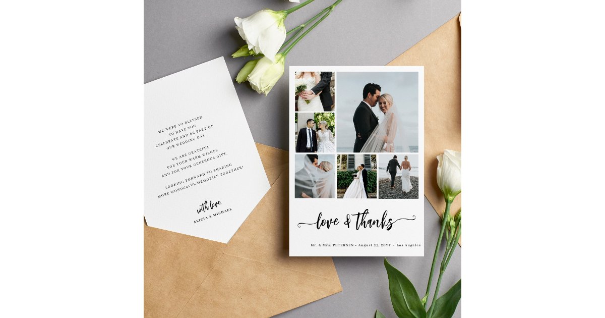 Modern multi photo collage simple wedding thank you card | Zazzle
