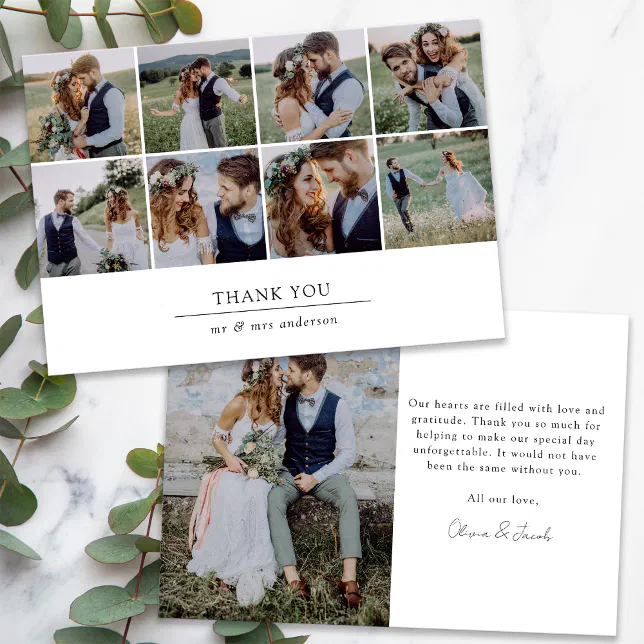 Modern Multi Photo Collage Wedding Thank You Card | Zazzle