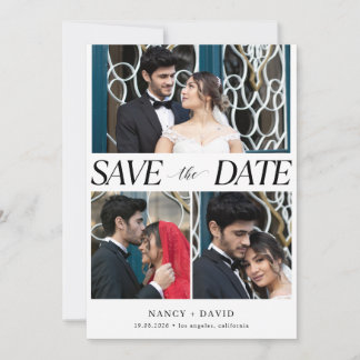 Modern Multi Photo Collage White Wedding Save The Date