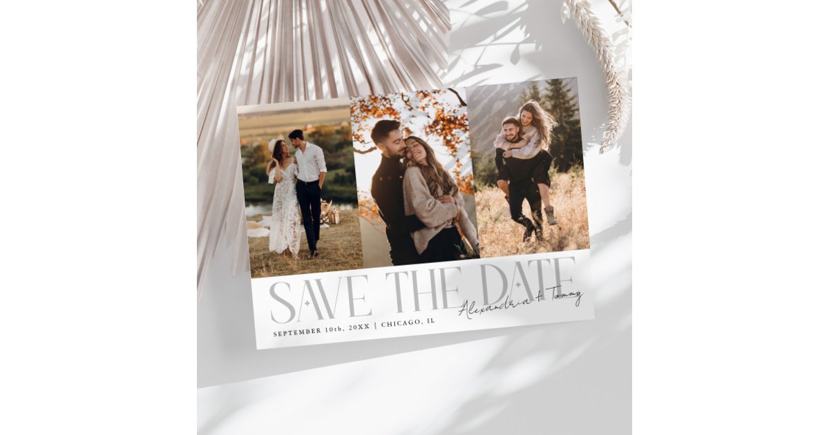 Modern Multi Photo Couple's Signature White Save The Date | Zazzle