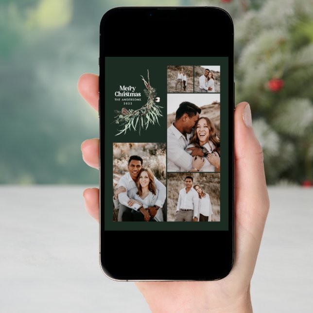 Modern multi photo elegant botanical green chic holiday card (Front Digital)