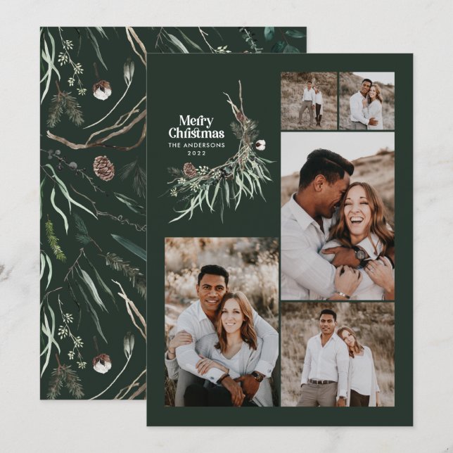 Modern multi photo elegant botanical green chic holiday card (Front/Back)