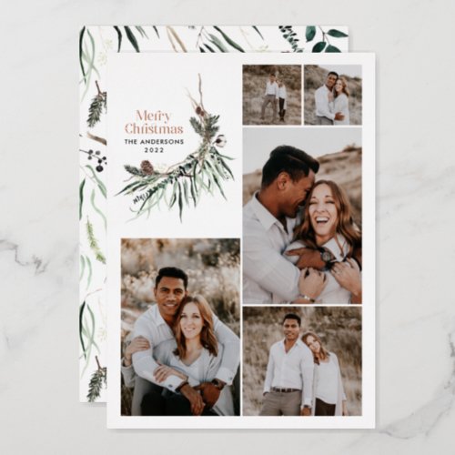 Modern multi photo elegant watercolor botanical foil holiday card