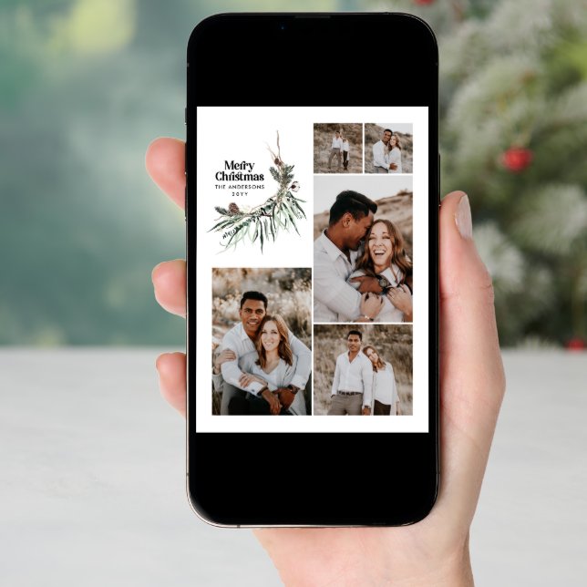 Modern multi photo elegant watercolor botanical ho holiday card (Front Digital)