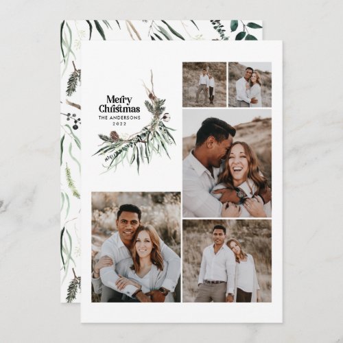 Modern multi photo elegant watercolor botanical holiday card