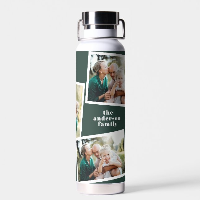 Modern multi photo family green simple family water bottle (Back)