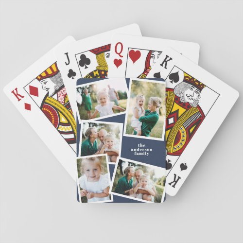 Modern multi photo family navy blue elegant poker cards