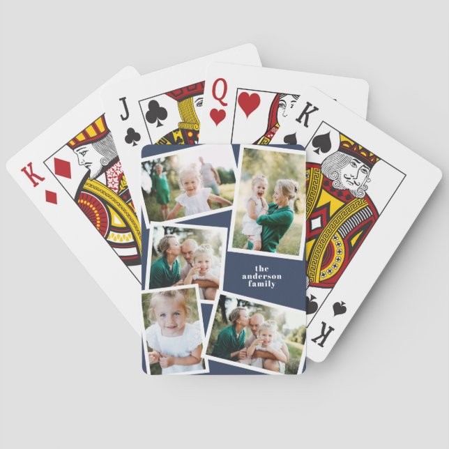 Modern multi photo family navy blue elegant poker cards (Back)