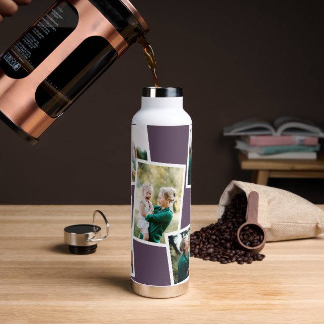 Modern multi photo family purple simple family water bottle (Coffee)