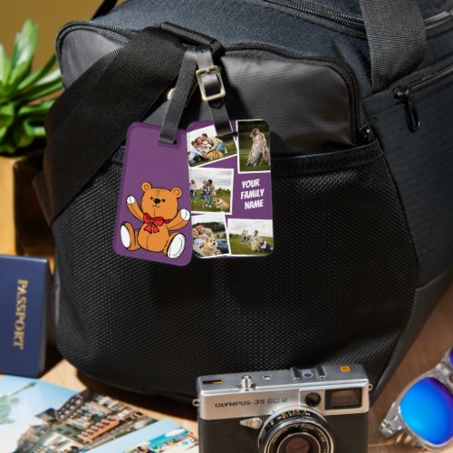 Modern multi photo family stylish purple luggage tag
