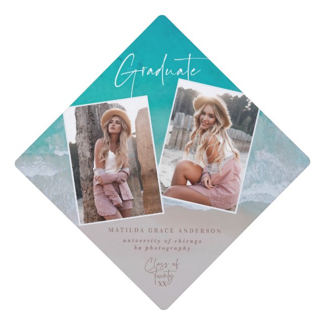 Modern multi photo graduation ocean beach modern graduation cap topper (Front)
