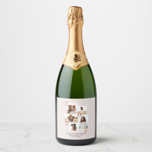 Modern multi photo graphic geometric terracotta  sparkling wine label (Front)
