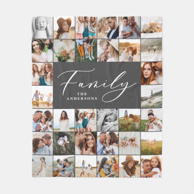 Modern multi photo grey script family elegant fleece blanket (Front)
