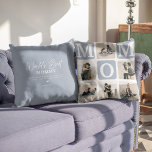 Modern Multi Photo Grid Cute MOM Gift  Throw Pillow<br><div class="desc">Create your very own MOM pillow with this modern multi-photo grid collage and text. Design features 6 Photographs with curved corner squares with the text MOM in dusty blue blocks that can be changed to any color. On the reverse the text 'World's Best Mommy' with a cute mother quote that...</div>