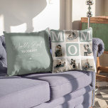 Modern Multi Photo Grid Cute MOM Gift  Throw Pillow<br><div class="desc">Showcase your cherished family moments on the ultimate mom pillow. Choose a modern collage design that features 6 square photos,  teal MOM text,  and a 'World's Best Mommy' reverse side with an adorable quote! Add a personal touch with customizable names and colors for a heartwarming gift.</div>