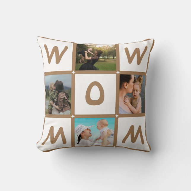 Modern Multi Photo Grid Cute WOW MOM Gift Throw Pillow (Front)