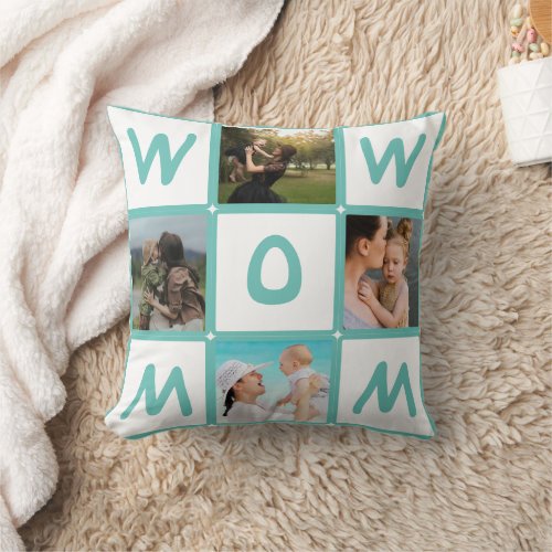 Modern Multi Photo Grid Cute WOW MOM Gift Throw Pillow