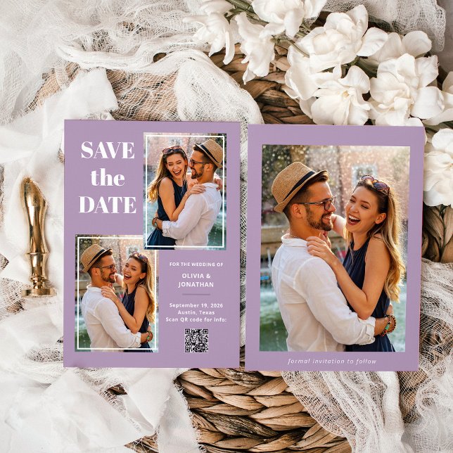 Modern Multi Photo Lavender | QR Code Save The Date (Creator Uploaded)